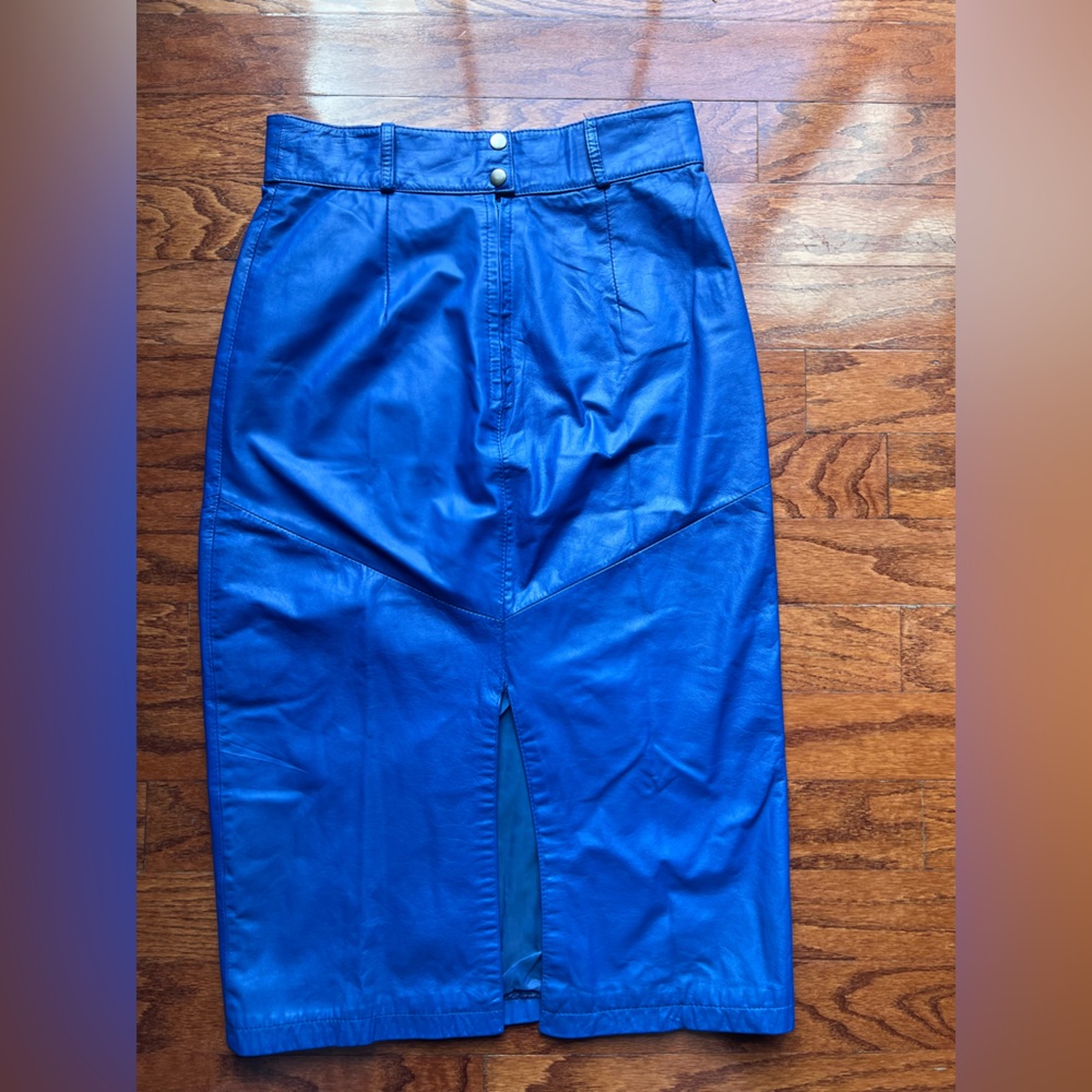 Diana Marco 💯 Leather Chic Blue Pencil Skirt Size 14 - Picture 2 of 5